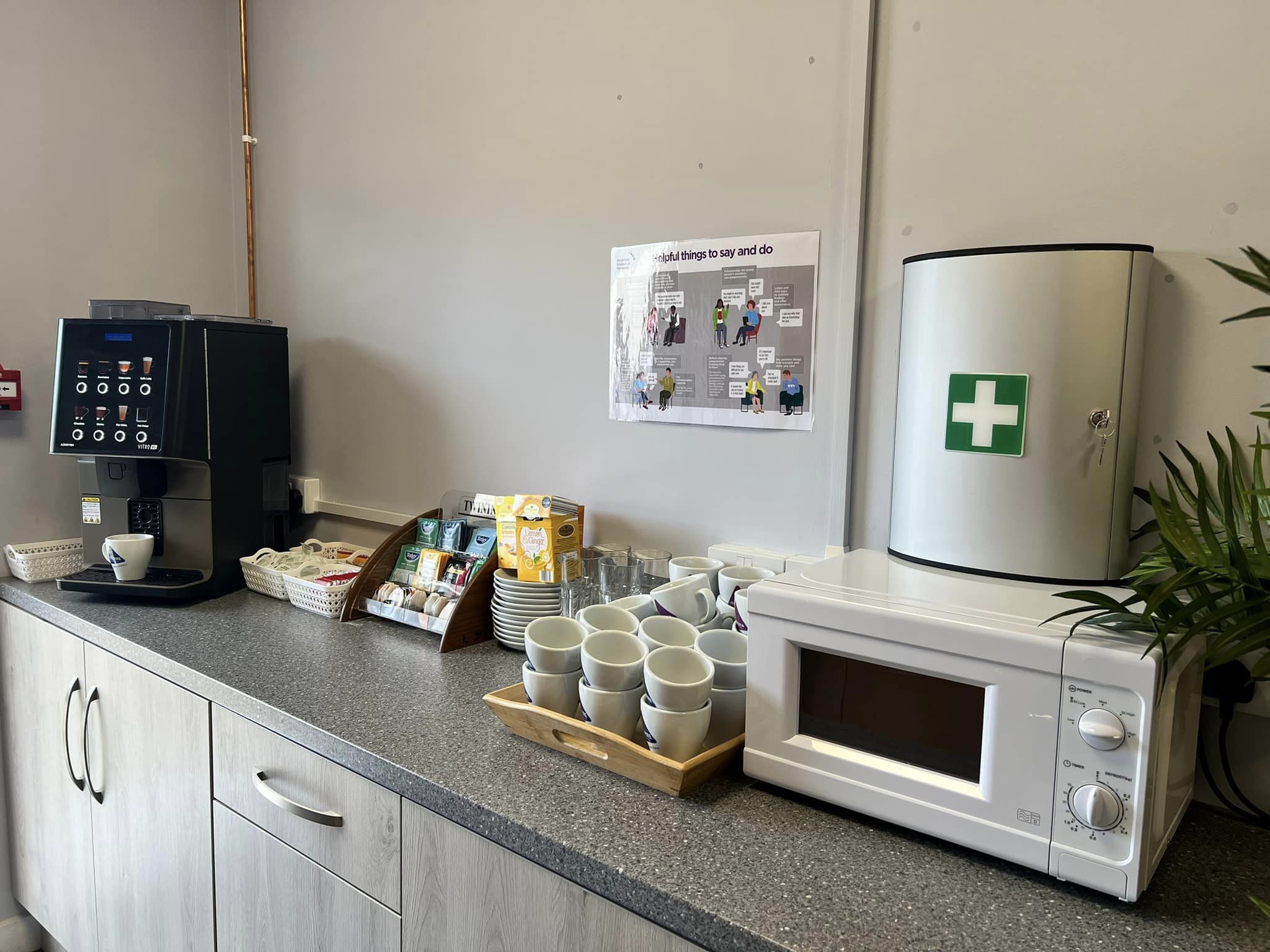Training room facilities with coffee machine and first aid care